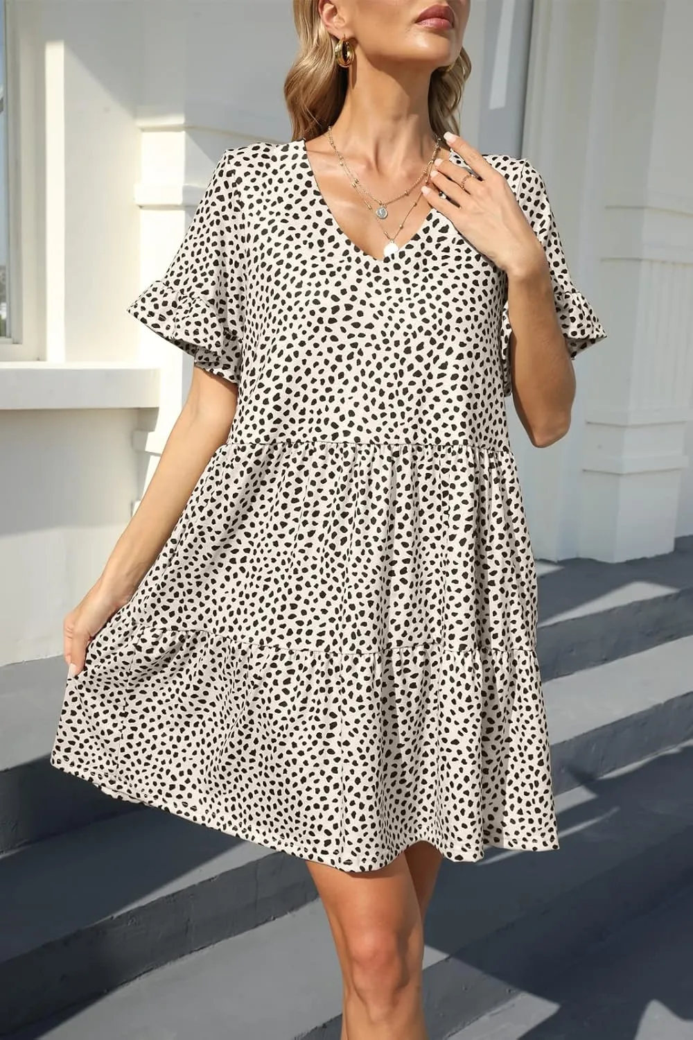 nclook Womens Summer Casual Dresses Sweet Cute V Neck Mini Dress with Pockets Ruffle Short Sleeve