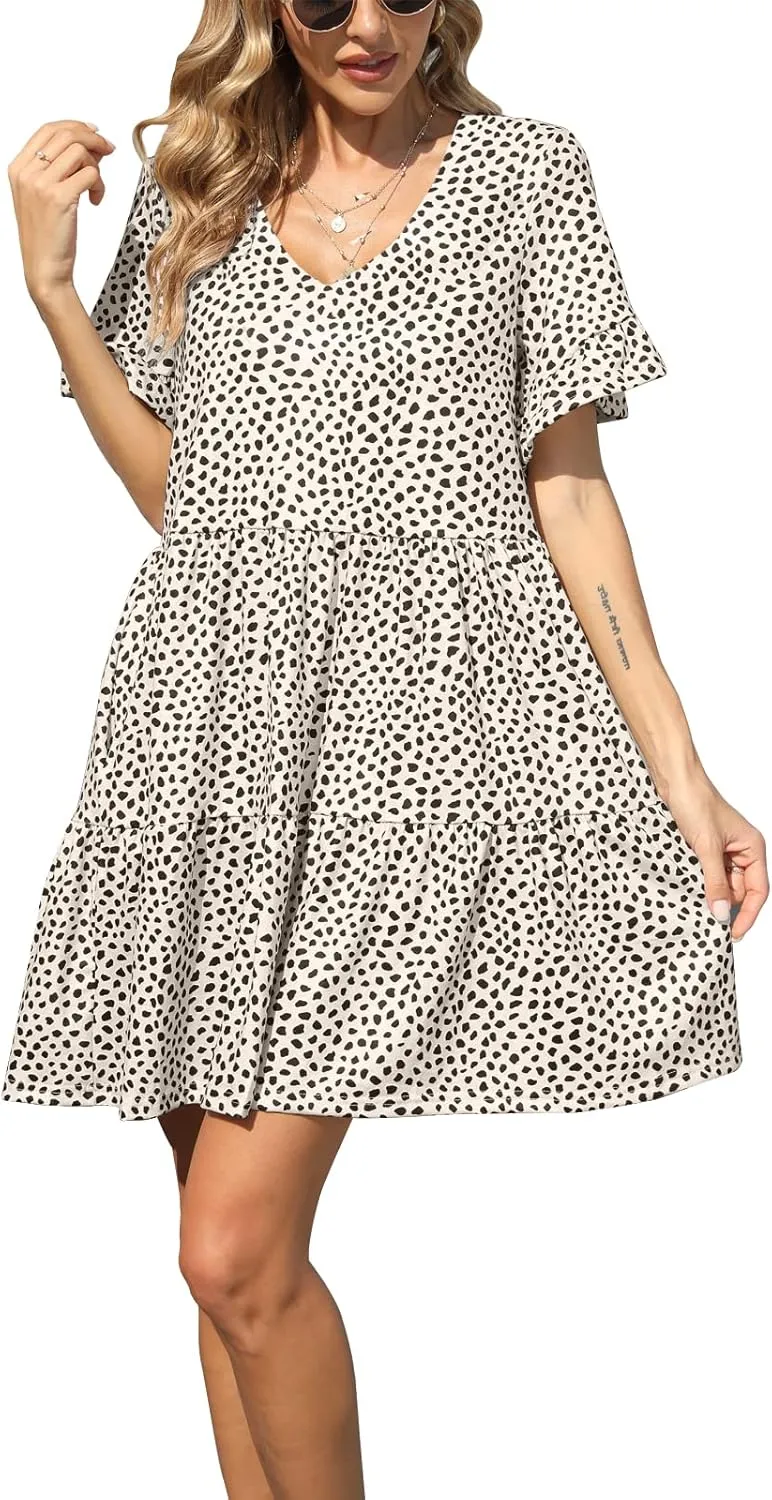 nclook Womens Summer Casual Dresses Sweet Cute V Neck Mini Dress with Pockets Ruffle Short Sleeve