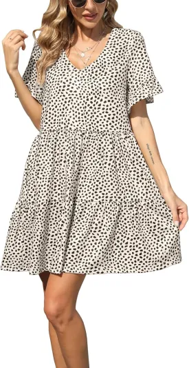 nclook Womens Summer Casual Dresses Sweet Cute V Neck Mini Dress with Pockets Ruffle Short Sleeve