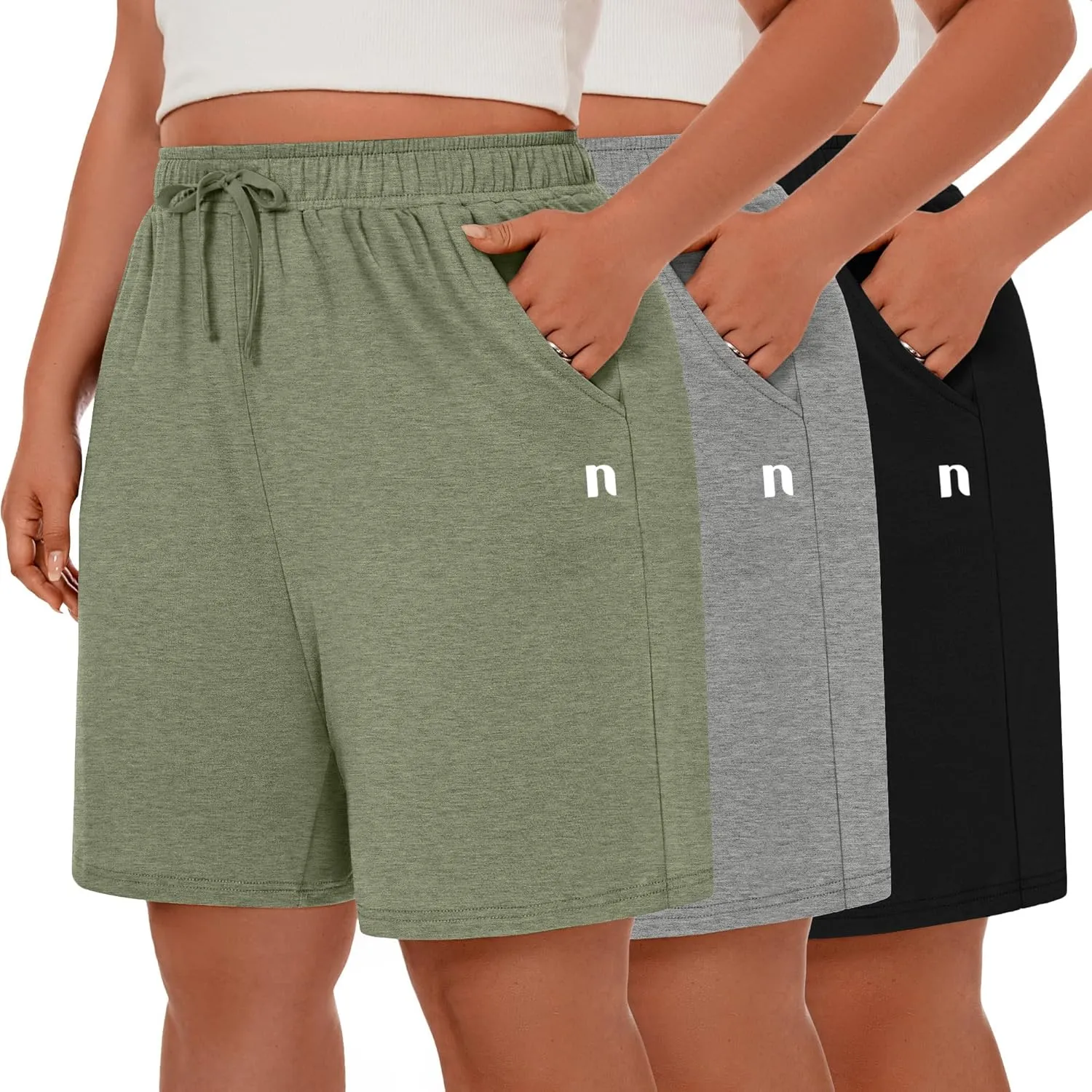 Neer 3 Pack Plus Size Women's Bermuda Shorts Cotton Drawstring High Waisted Casual Athletic Sweatpants Shorts with Pockets