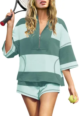 Panadila Women Striped Workout Set Two Piece Outfit Tracksuit Oversized Lounge Set Top and Shorts Sets with Pockets