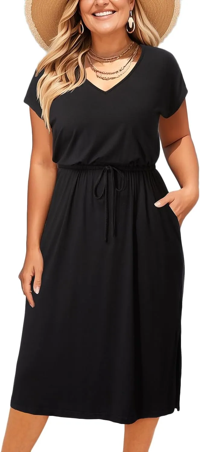 Pinup Fashion Women Plus Size Summer Dresses - Casual Work T Shirt V Neck Midi Dress with Pockets