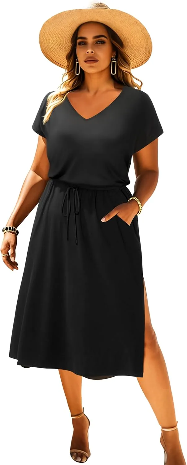 Pinup Fashion Women Plus Size Summer Dresses - Casual Work T Shirt V Neck Midi Dress with Pockets