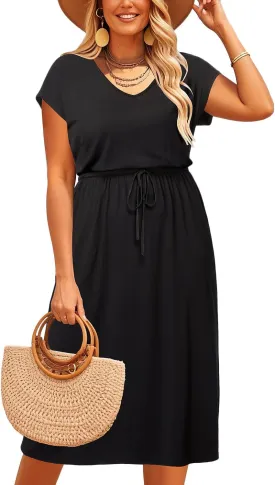 Pinup Fashion Women Plus Size Summer Dresses - Casual Work T Shirt V Neck Midi Dress with Pockets
