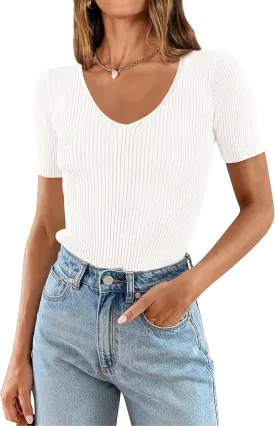 PRETTYGARDEN Womens Short Sleeve V Neck Ribbed Knit Tops 2024 Summer Causal Slim Fit Solid Color Basic Tees Tshirts