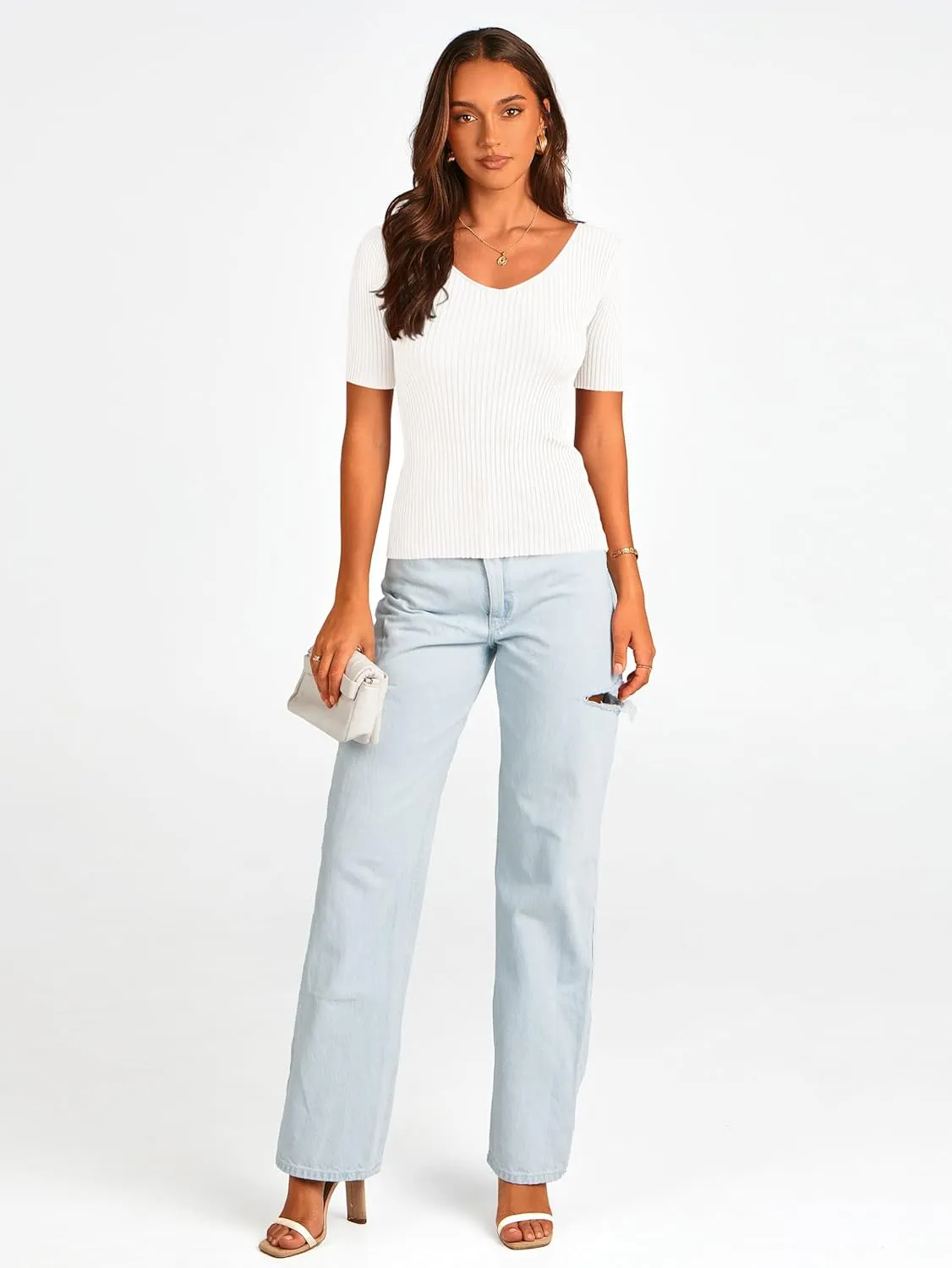 PRETTYGARDEN Womens Short Sleeve V Neck Ribbed Knit Tops 2024 Summer Causal Slim Fit Solid Color Basic Tees Tshirts