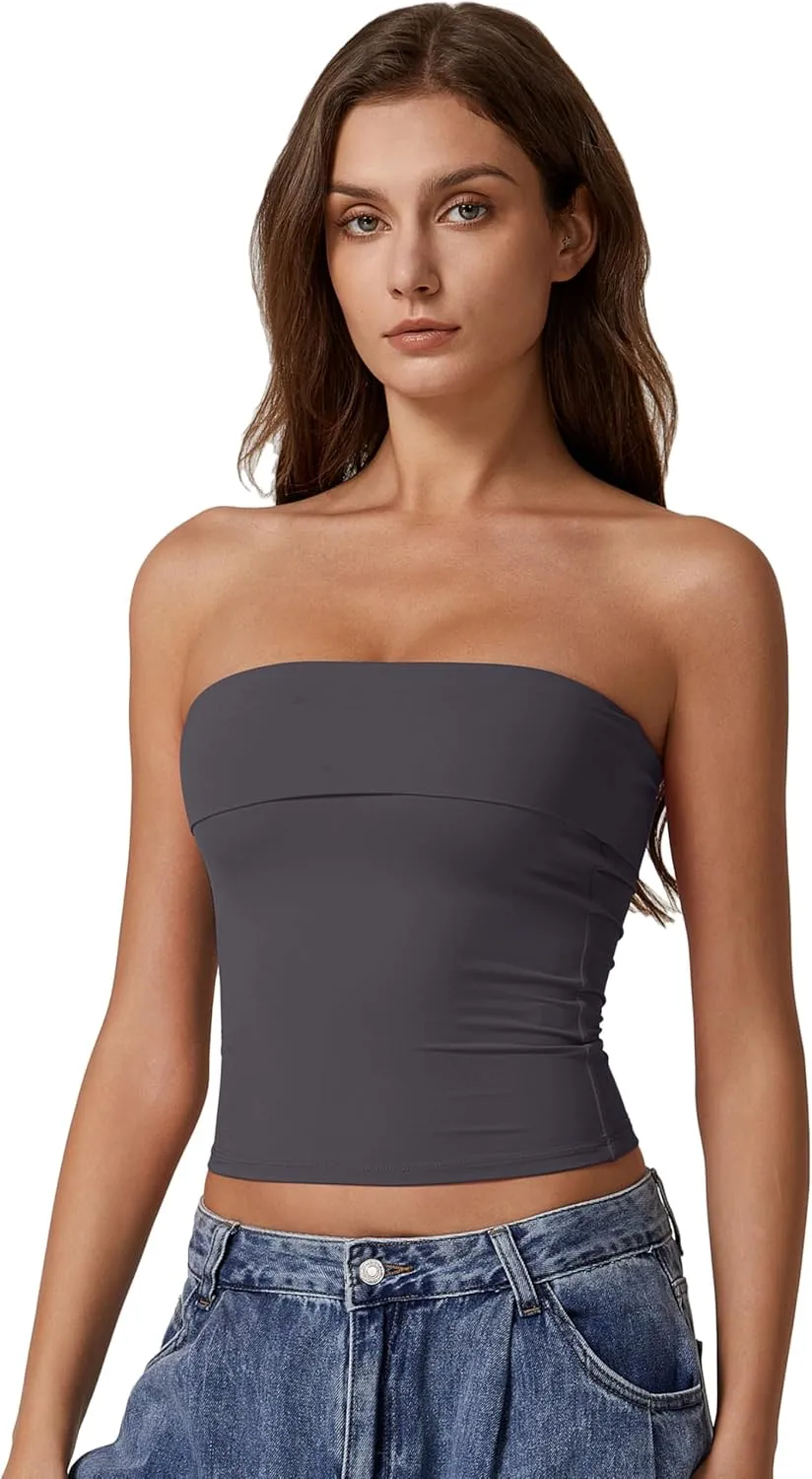 QINSEN Women's Tube Tops Strapless Bandeau Tops Double Lined Slim Fit Summer Going Out Tank Tops