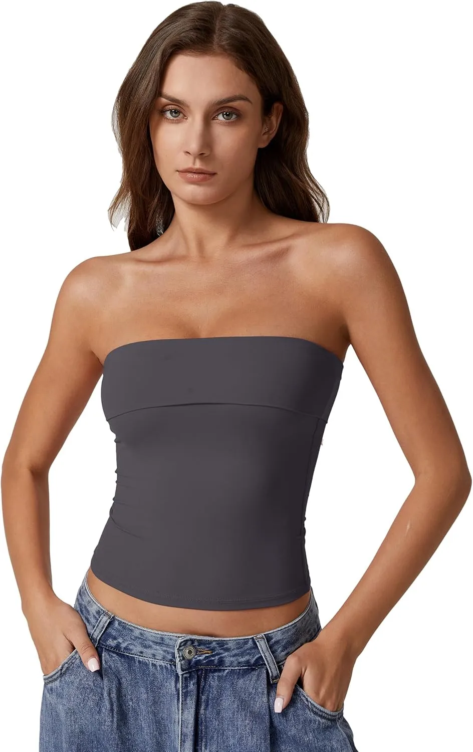 QINSEN Women's Tube Tops Strapless Bandeau Tops Double Lined Slim Fit Summer Going Out Tank Tops
