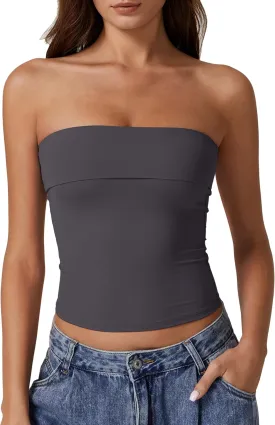 QINSEN Women's Tube Tops Strapless Bandeau Tops Double Lined Slim Fit Summer Going Out Tank Tops