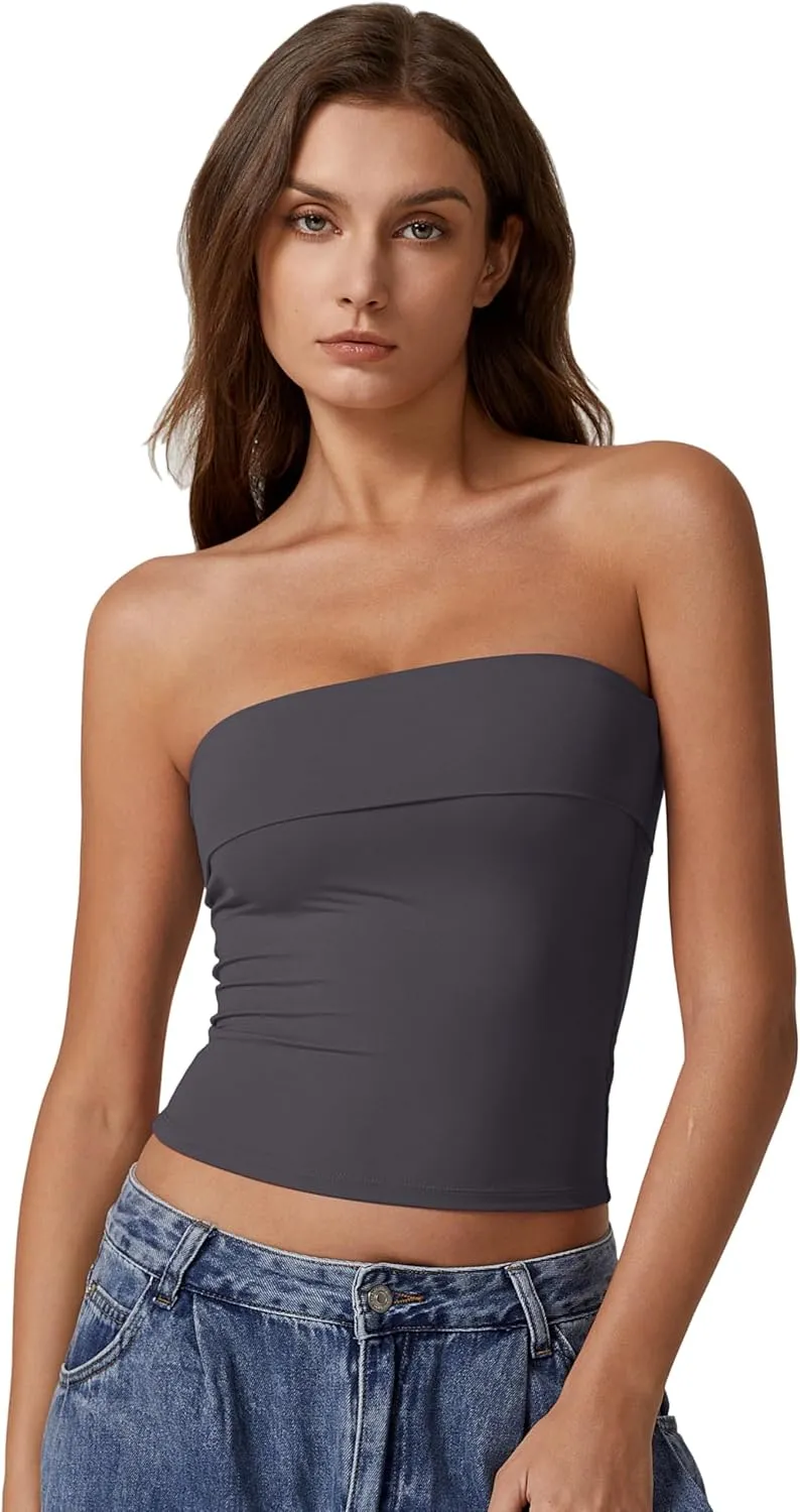 QINSEN Women's Tube Tops Strapless Bandeau Tops Double Lined Slim Fit Summer Going Out Tank Tops