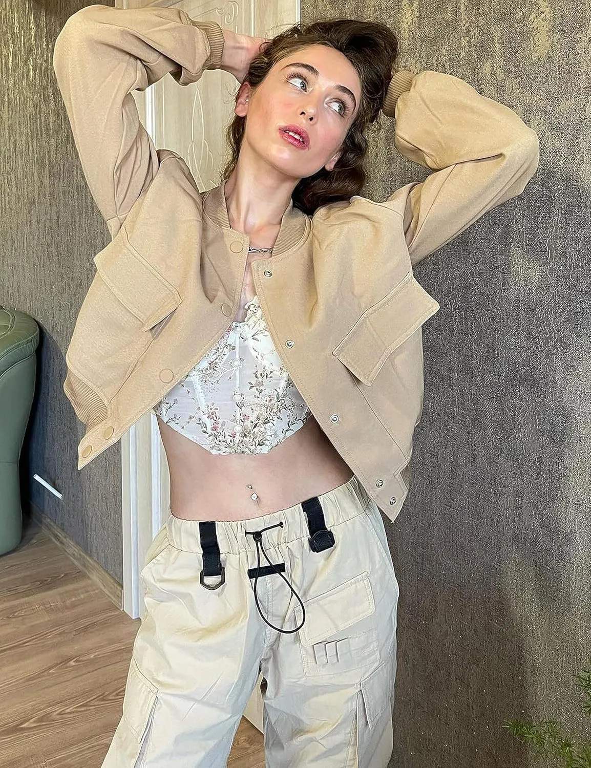 SCUSTY Women's Button Down Bomber Jacket Drop Shoulder Short Cropped Coat Outwear