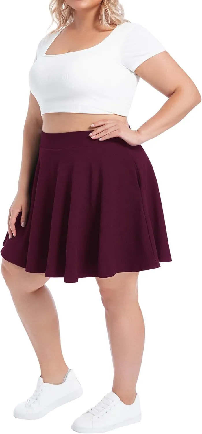 SEKINO Women's Plus Size Mini Skirts Basic Versatile Skorts with Pockets Stretchy Flared Pleated Casual Skirt Built in Shorts