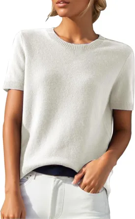 Short Sleeve Sweater for Women Trendy 2024 Soft Crewneck Knit T Shirts Casual Solid Loose Fit Cashmere Sweaters Tees