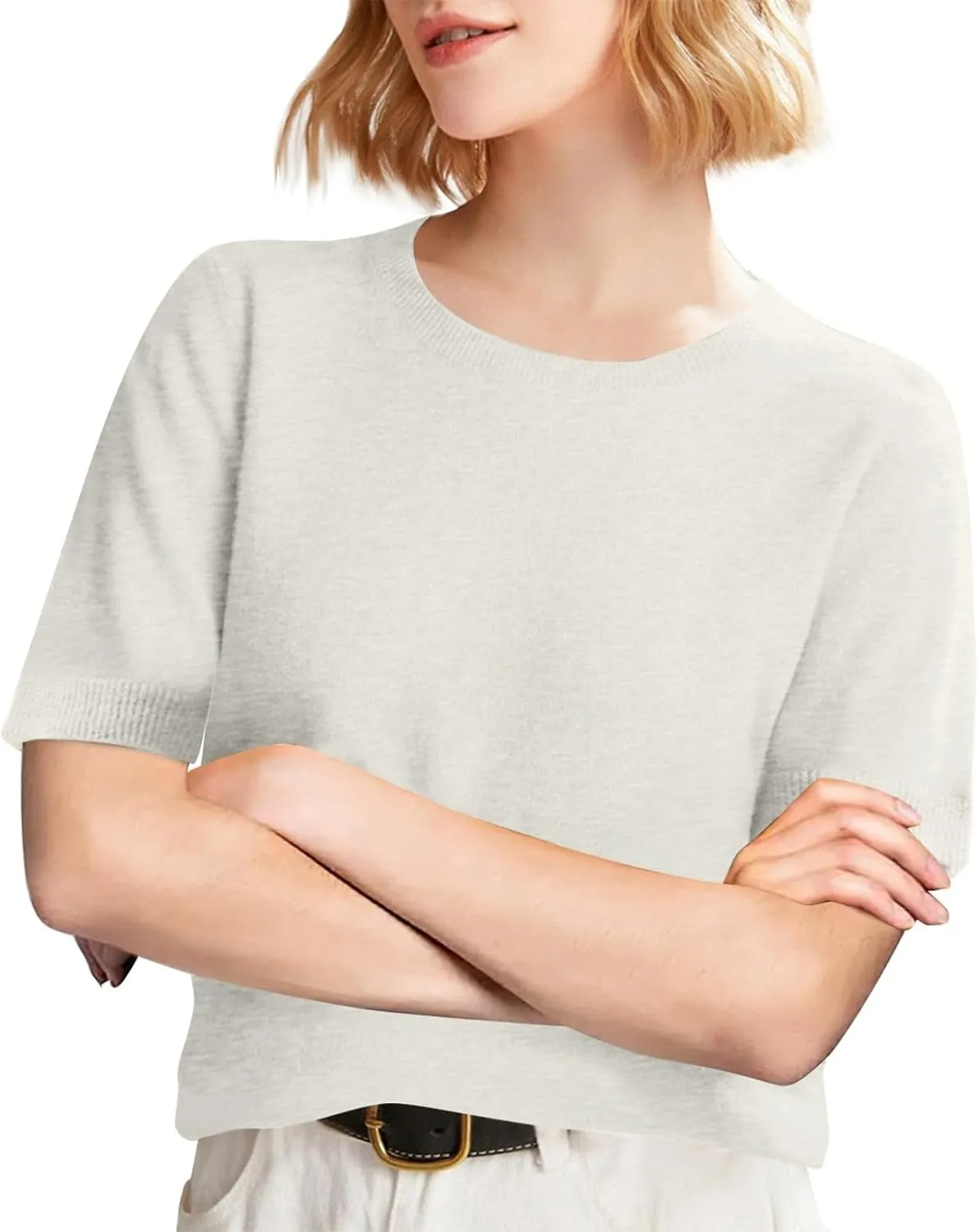 Short Sleeve Sweater Tops for Women Cute Lightweight Crew Neck T Shirts Plain Relaxed Fit Business Casual Tops