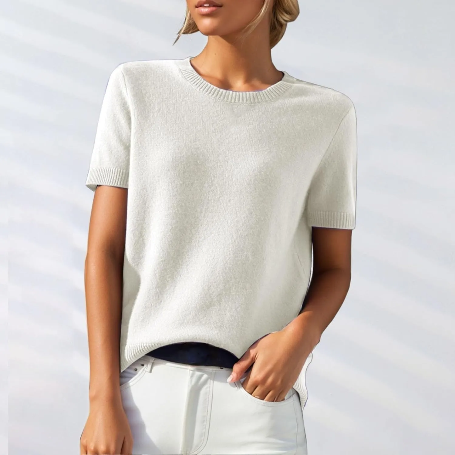 Short Sleeve Sweater Tops for Women Cute Lightweight Crew Neck T Shirts Plain Relaxed Fit Business Casual Tops