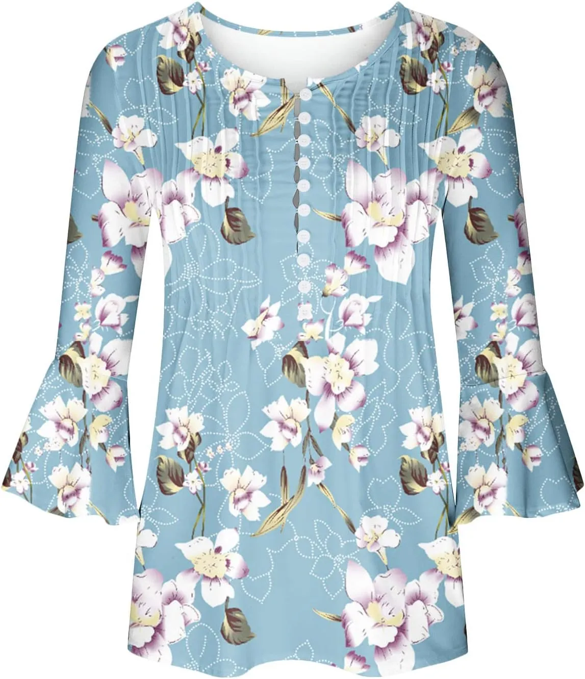 SMIDOW Tunic Tops for Women Loose Fit Spring Henley v Neck Shirt 3/4 Bell Sleeve Bohemian Floral Print t-Shirt Blouse Trendy