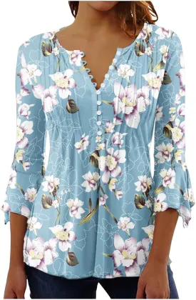 SMIDOW Tunic Tops for Women Loose Fit Spring Henley v Neck Shirt 3/4 Bell Sleeve Bohemian Floral Print t-Shirt Blouse Trendy