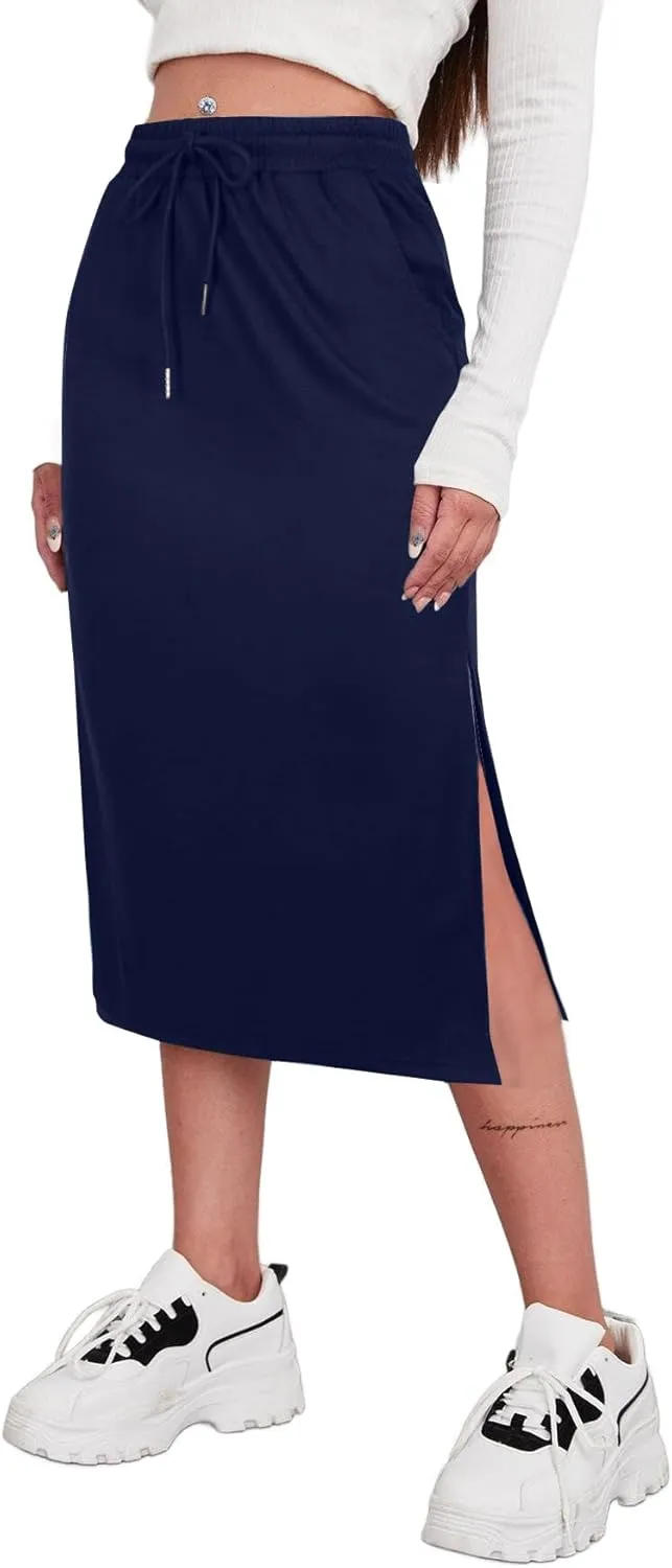 SOFIA'S CHOICE Women's Midi Skirt Drawstring High Waist Slit Skirts with Pockets