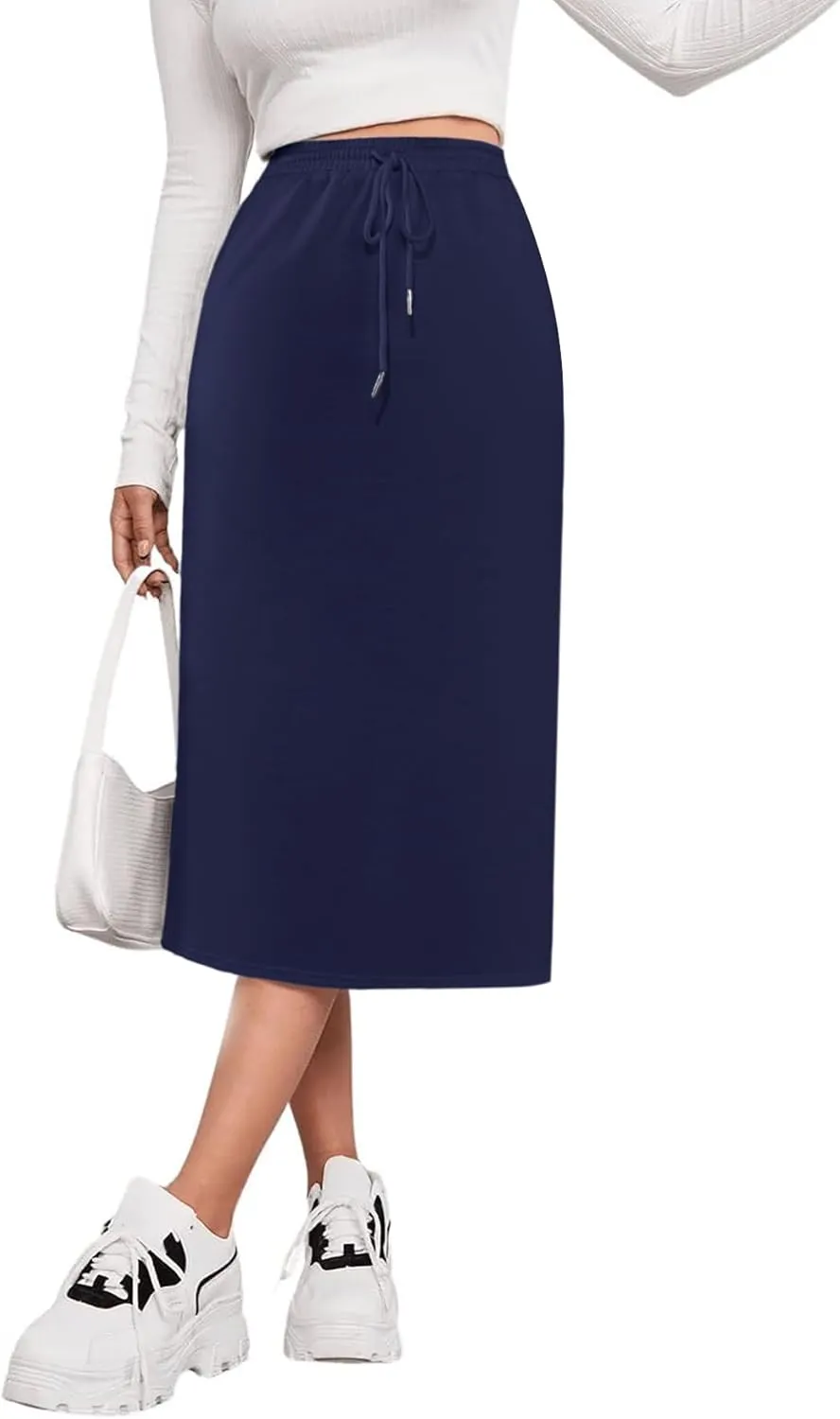 SOFIA'S CHOICE Women's Midi Skirt Drawstring High Waist Slit Skirts with Pockets