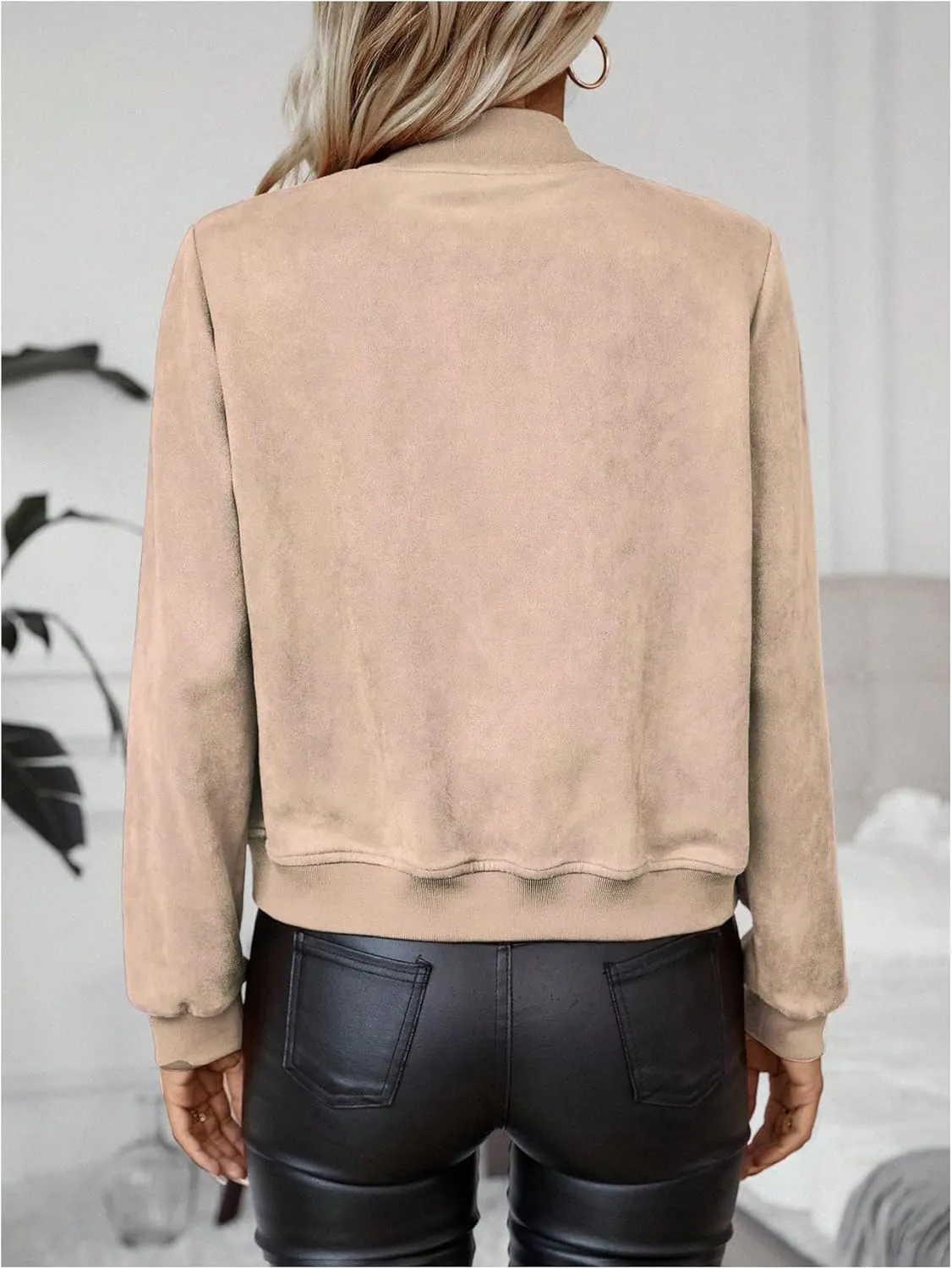 SweatyRocks Women's Faux Suede Short Bomber Jacket Coat Stand Collar Lightweight Zip Up Fashion Outerwear Tops