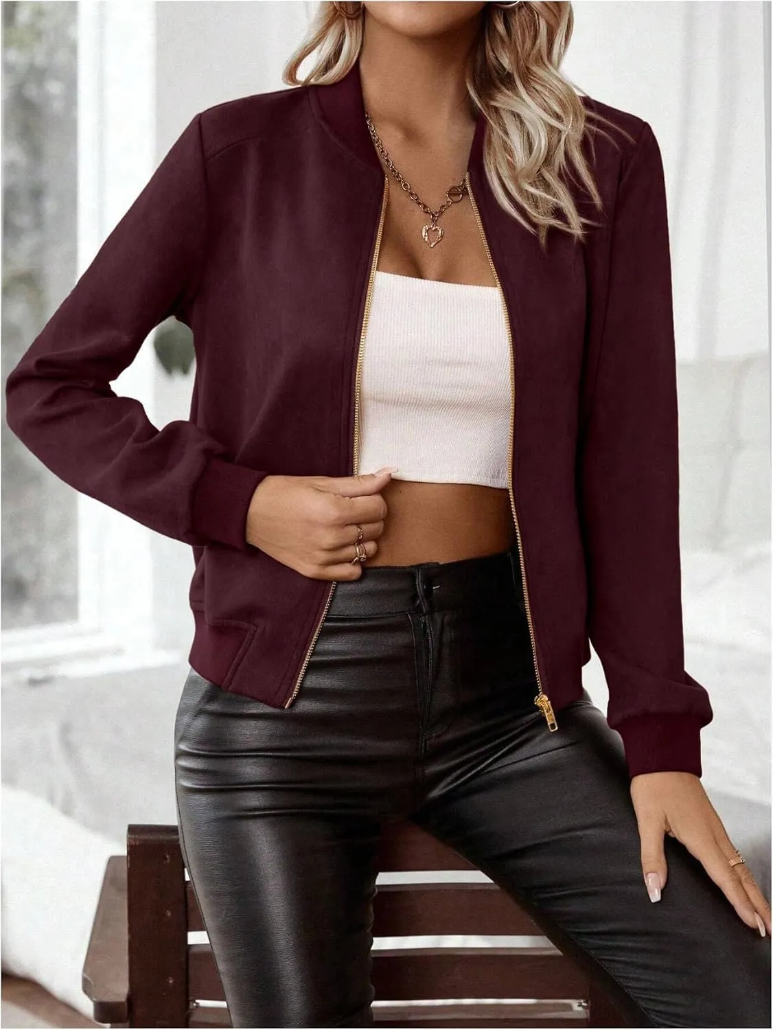 SweatyRocks Women's Faux Suede Short Bomber Jacket Coat Stand Collar Lightweight Zip Up Fashion Outerwear Tops