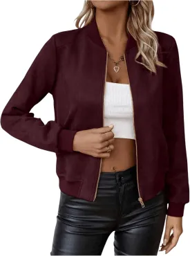 SweatyRocks Women's Faux Suede Short Bomber Jacket Coat Stand Collar Lightweight Zip Up Fashion Outerwear Tops