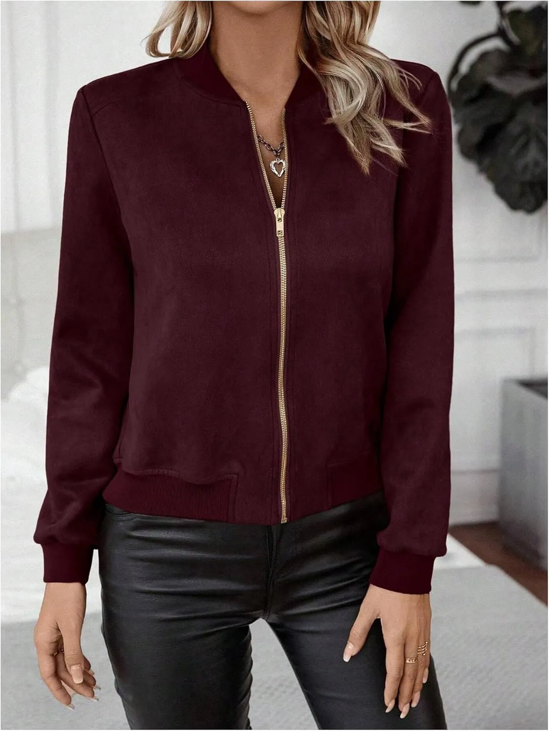 SweatyRocks Women's Faux Suede Short Bomber Jacket Coat Stand Collar Lightweight Zip Up Fashion Outerwear Tops