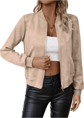 SweatyRocks Women's Faux Suede Short Bomber Jacket Coat Stand Collar Lightweight Zip Up Fashion Outerwear Tops