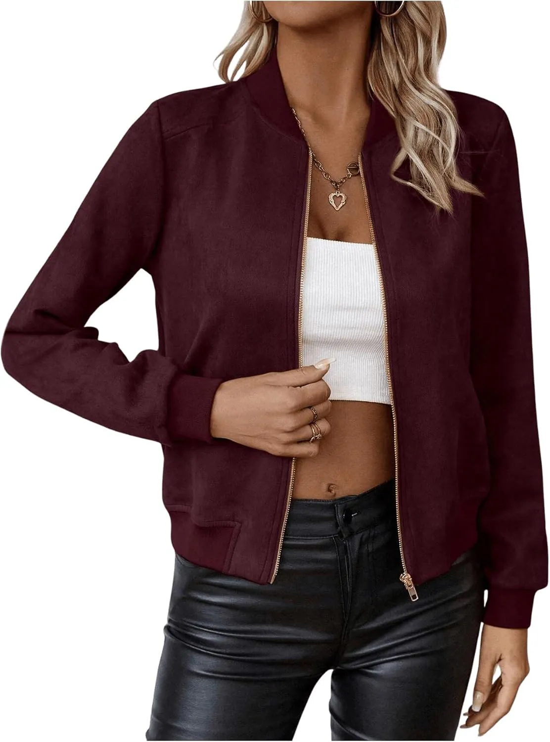 SweatyRocks Women's Faux Suede Short Bomber Jacket Coat Stand Collar Lightweight Zip Up Fashion Outerwear Tops