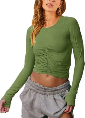 Vivitulip Womens Long Sleeve Shirts Basic Fall Ruched Slim Fitted Crop Tops Tight Athletic Blouse with Thumb Holes