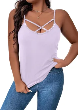 WDIRARA Women's Plus Size Rhinestone Crisscross Spaghetti Strap Cami Top