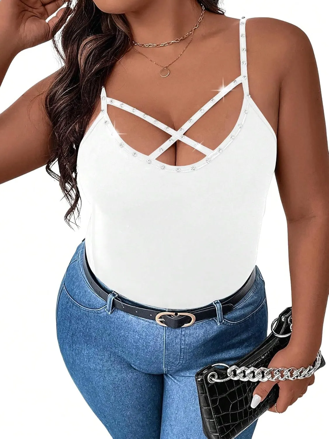 WDIRARA Women's Plus Size Rhinestone Crisscross Spaghetti Strap Cami Top