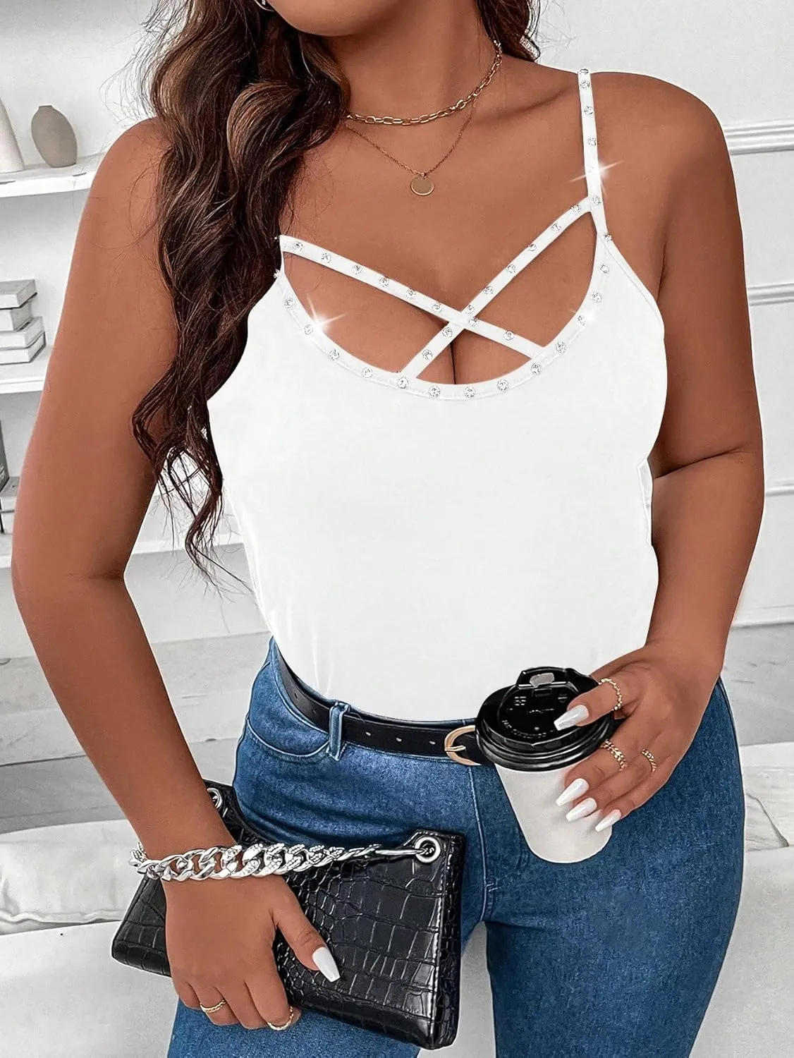 WDIRARA Women's Plus Size Rhinestone Crisscross Spaghetti Strap Cami Top