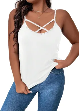 WDIRARA Women's Plus Size Rhinestone Crisscross Spaghetti Strap Cami Top