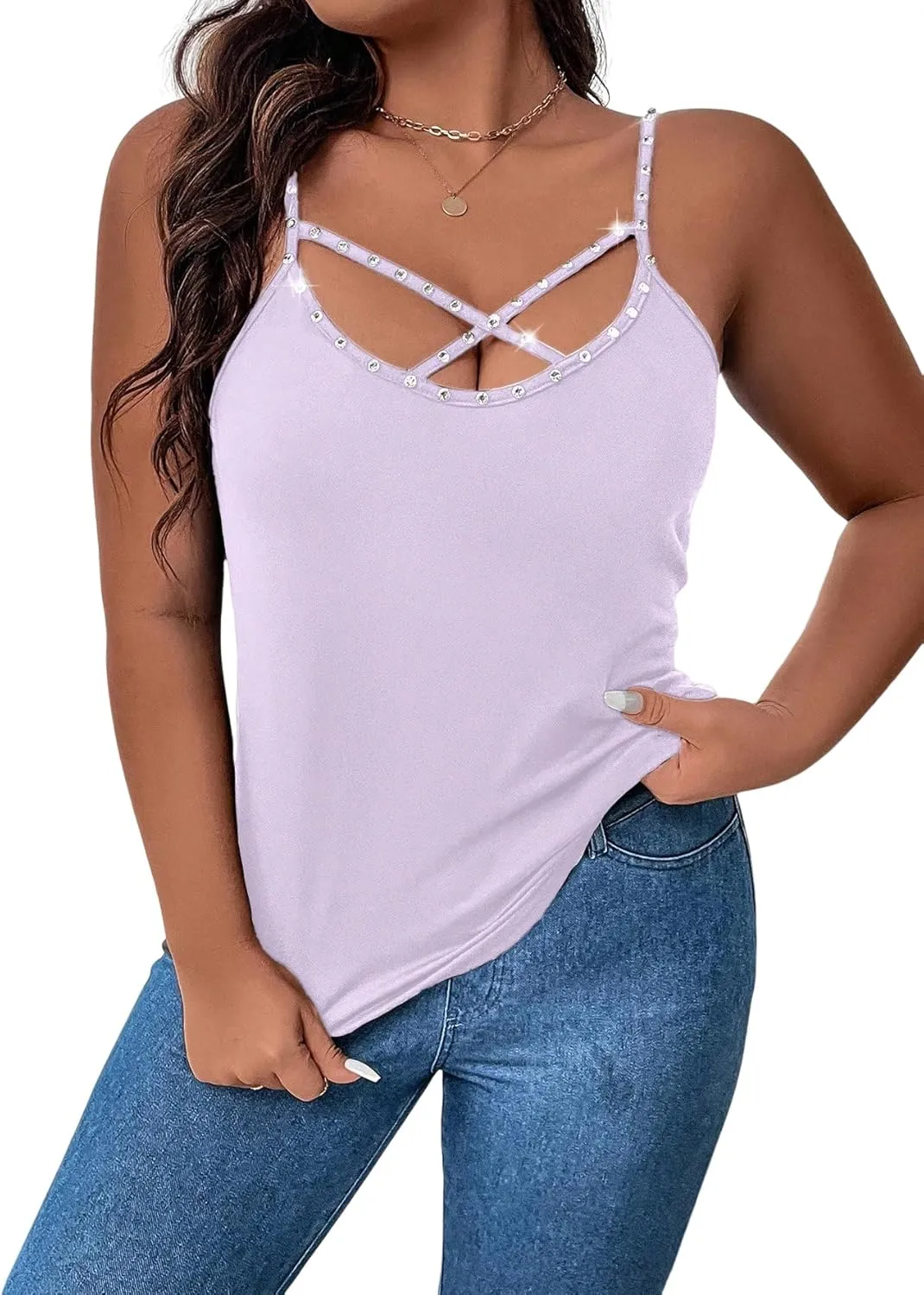 WDIRARA Women's Plus Size Rhinestone Crisscross Spaghetti Strap Cami Top