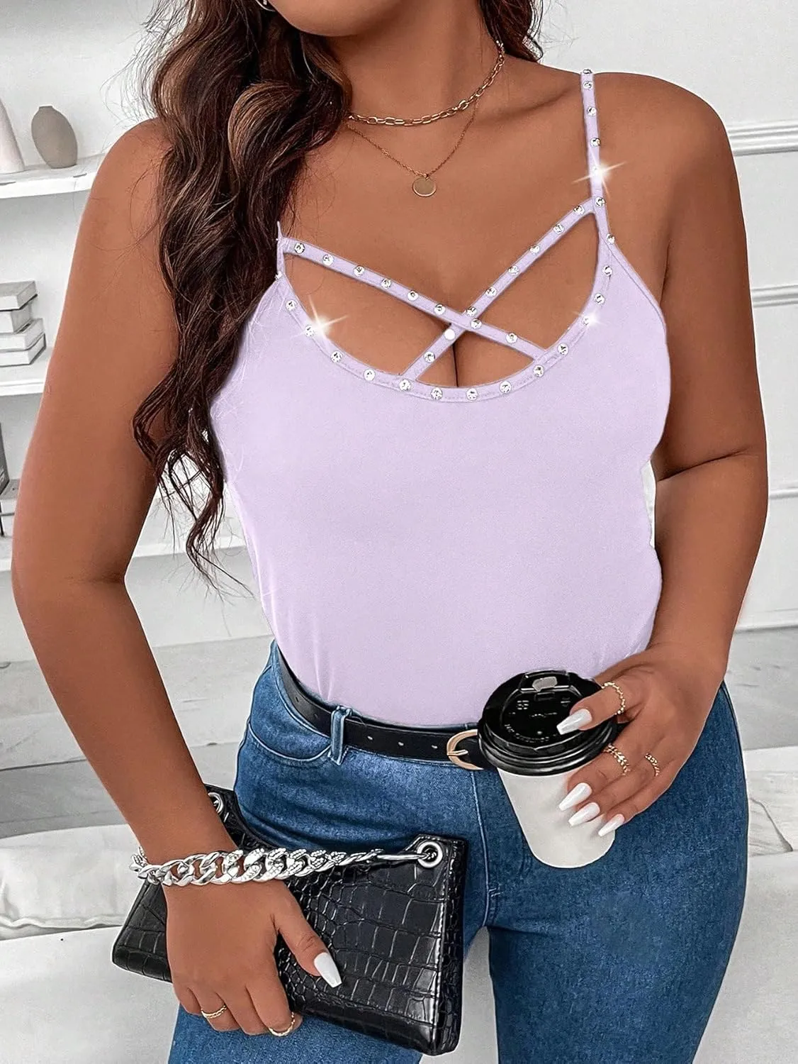 WDIRARA Women's Plus Size Rhinestone Crisscross Spaghetti Strap Cami Top
