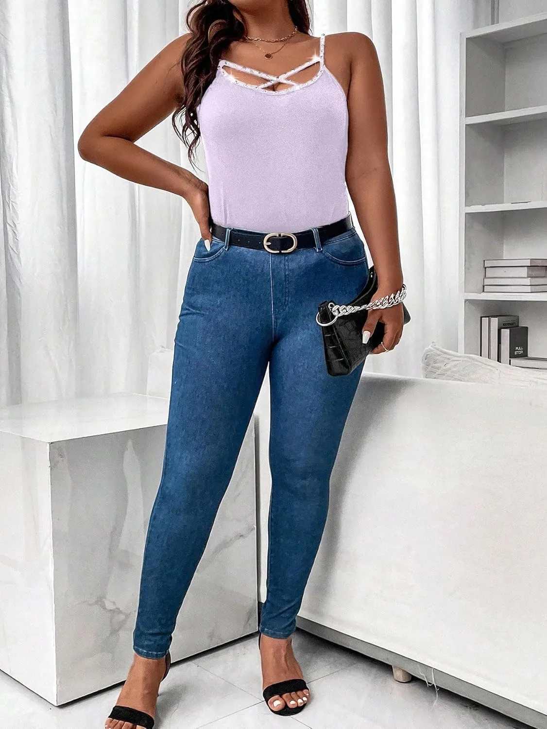 WDIRARA Women's Plus Size Rhinestone Crisscross Spaghetti Strap Cami Top