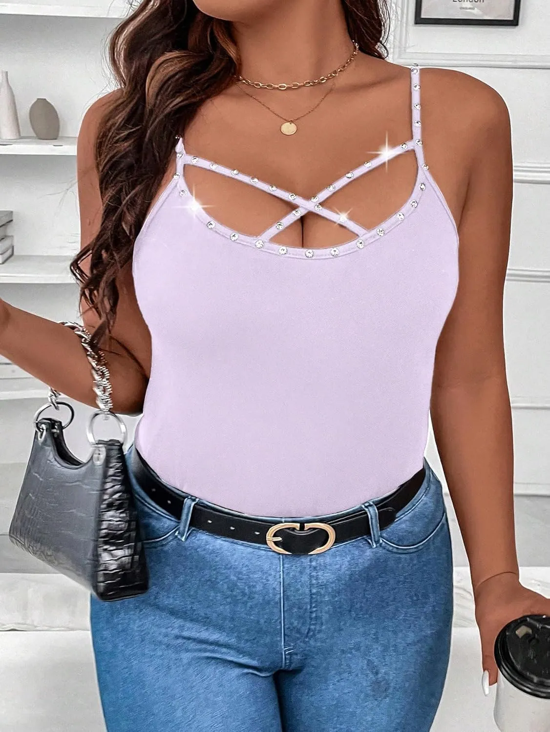 WDIRARA Women's Plus Size Rhinestone Crisscross Spaghetti Strap Cami Top