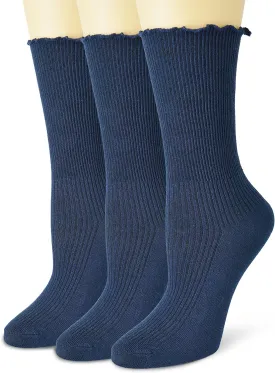 Women Ankle Socks, Super Soft Lolita Ruffle Turn-Cuff Striped Double Needle Combed Cotton Socks 3 Pairs