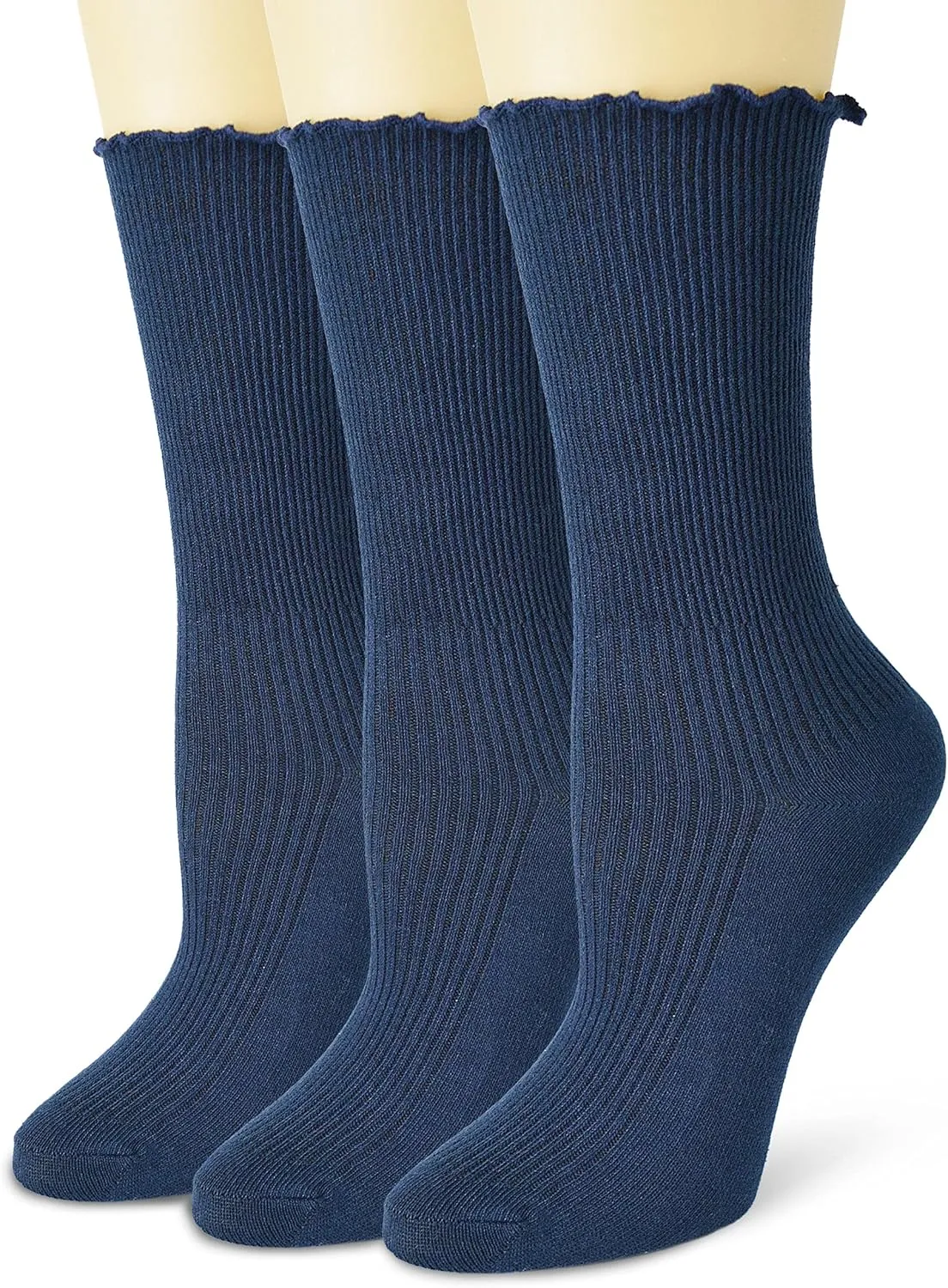 Women Ankle Socks, Super Soft Lolita Ruffle Turn-Cuff Striped Double Needle Combed Cotton Socks 3 Pairs