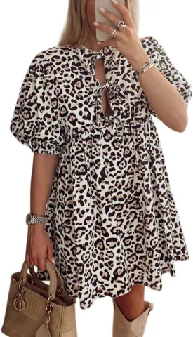 Women Casual Summer Puff Sleeve Mini Dress Bow Tie Front Y2K Babydoll Cut High Waist Peplum Dress