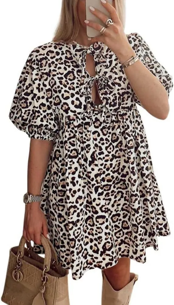 Women Casual Summer Puff Sleeve Mini Dress Bow Tie Front Y2K Babydoll Cut High Waist Peplum Dress