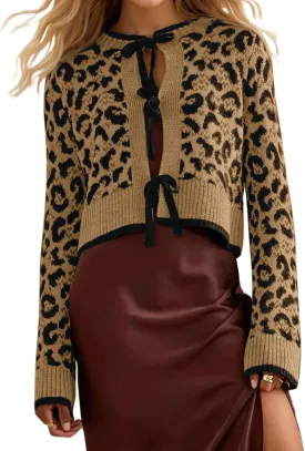 Women Leopard Bow Tie Front Cardigan Sweaters Long Sleeve Crewneck Cheetah Print Knit Cardigan Coats Casual Loose Outfits
