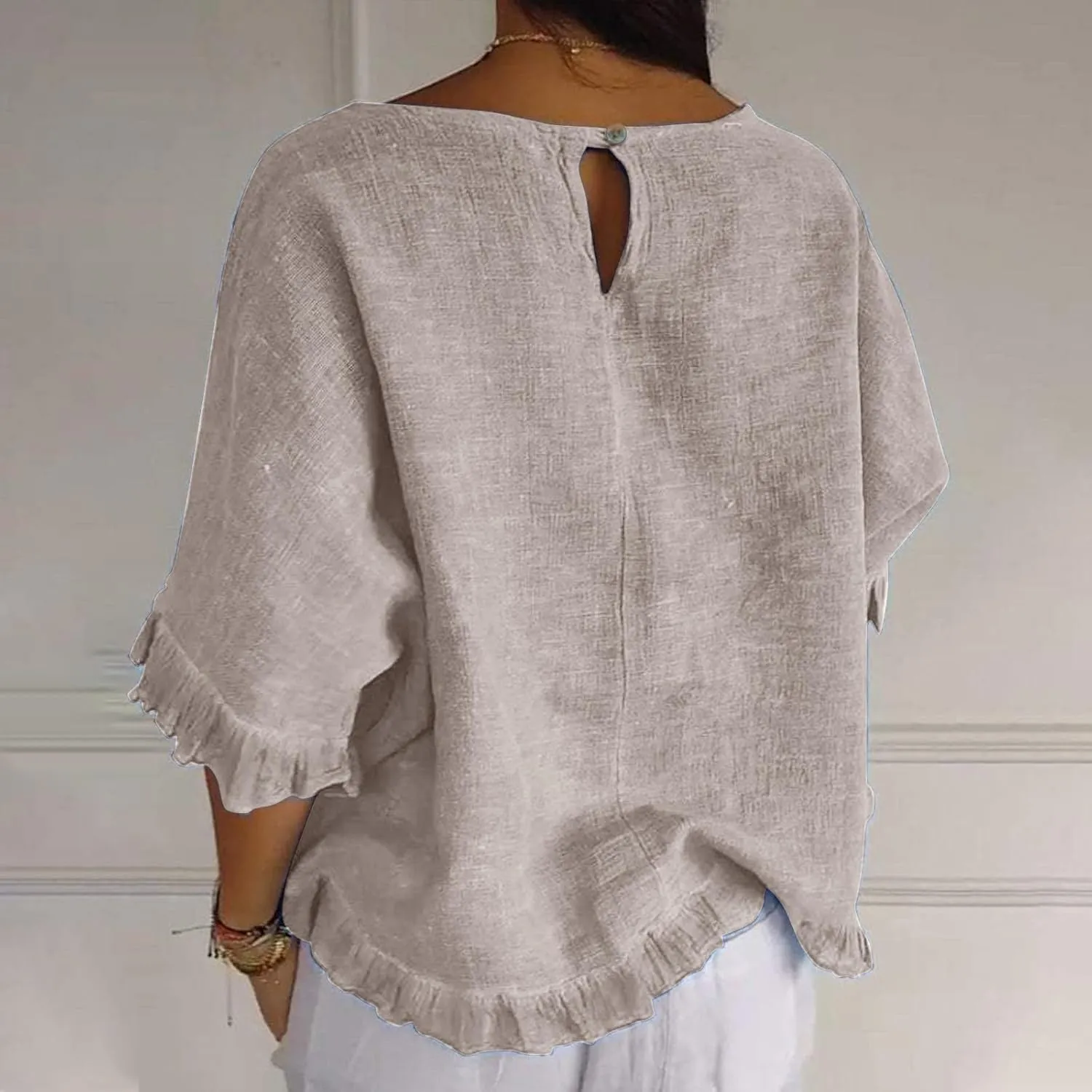 Women Round Neck Ruffled Hem Sleeve Shirts Cotton and Linen Top, Casual Short Sleeve Blouses Linen Tops for Women