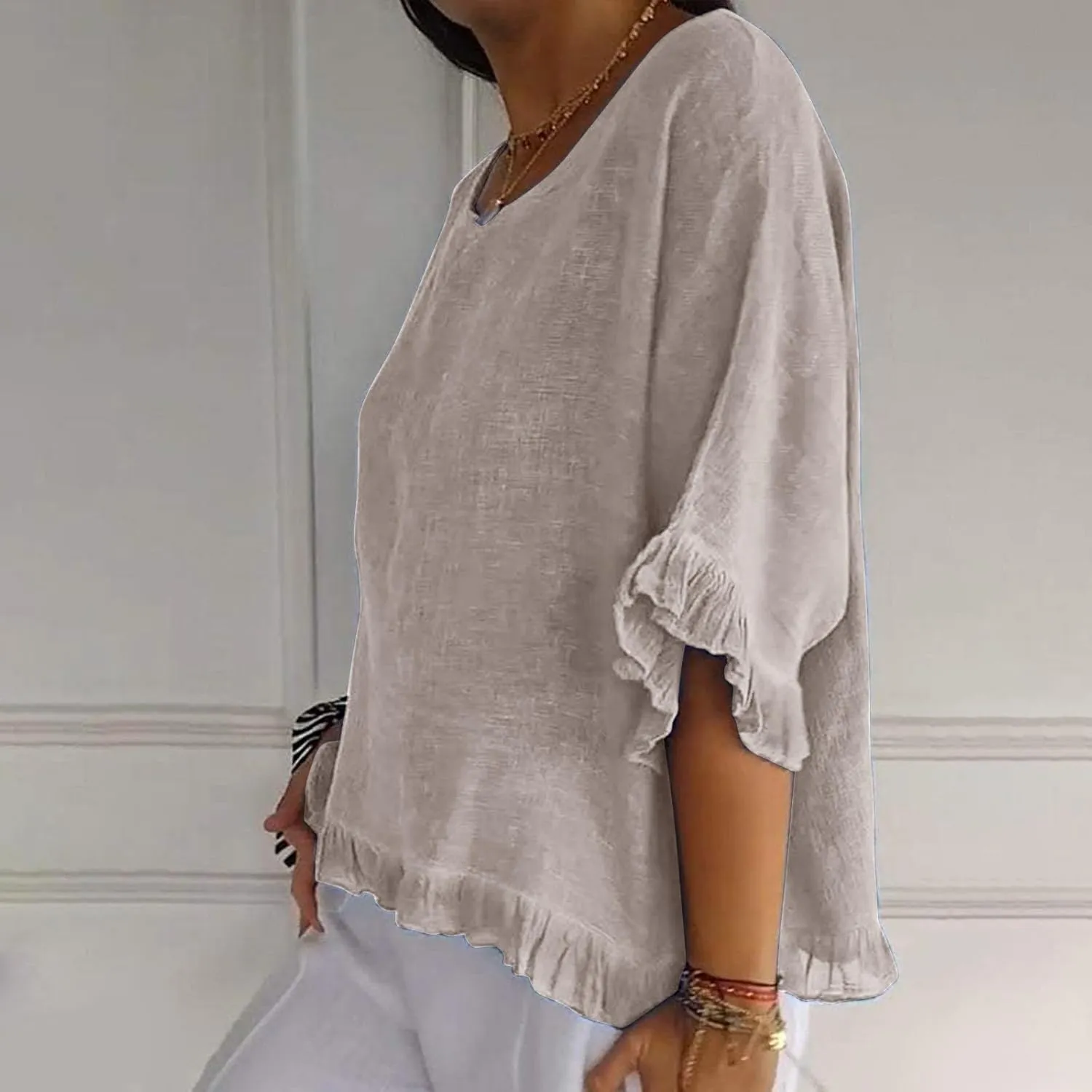 Women Round Neck Ruffled Hem Sleeve Shirts Cotton and Linen Top, Casual Short Sleeve Blouses Linen Tops for Women