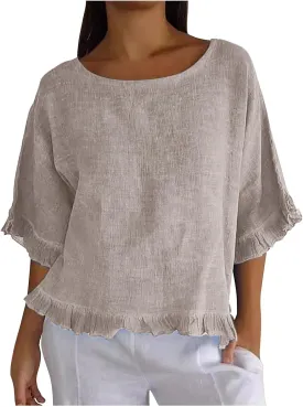 Women Round Neck Ruffled Hem Sleeve Shirts Cotton and Linen Top, Casual Short Sleeve Blouses Linen Tops for Women