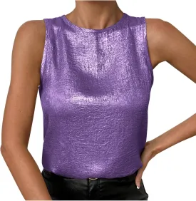 Women's Camisole Mock Neck Sleeveless Basic Cami Tops Back Keyhole Sexy Tank Shirts Loose Fit Shiny Blouses