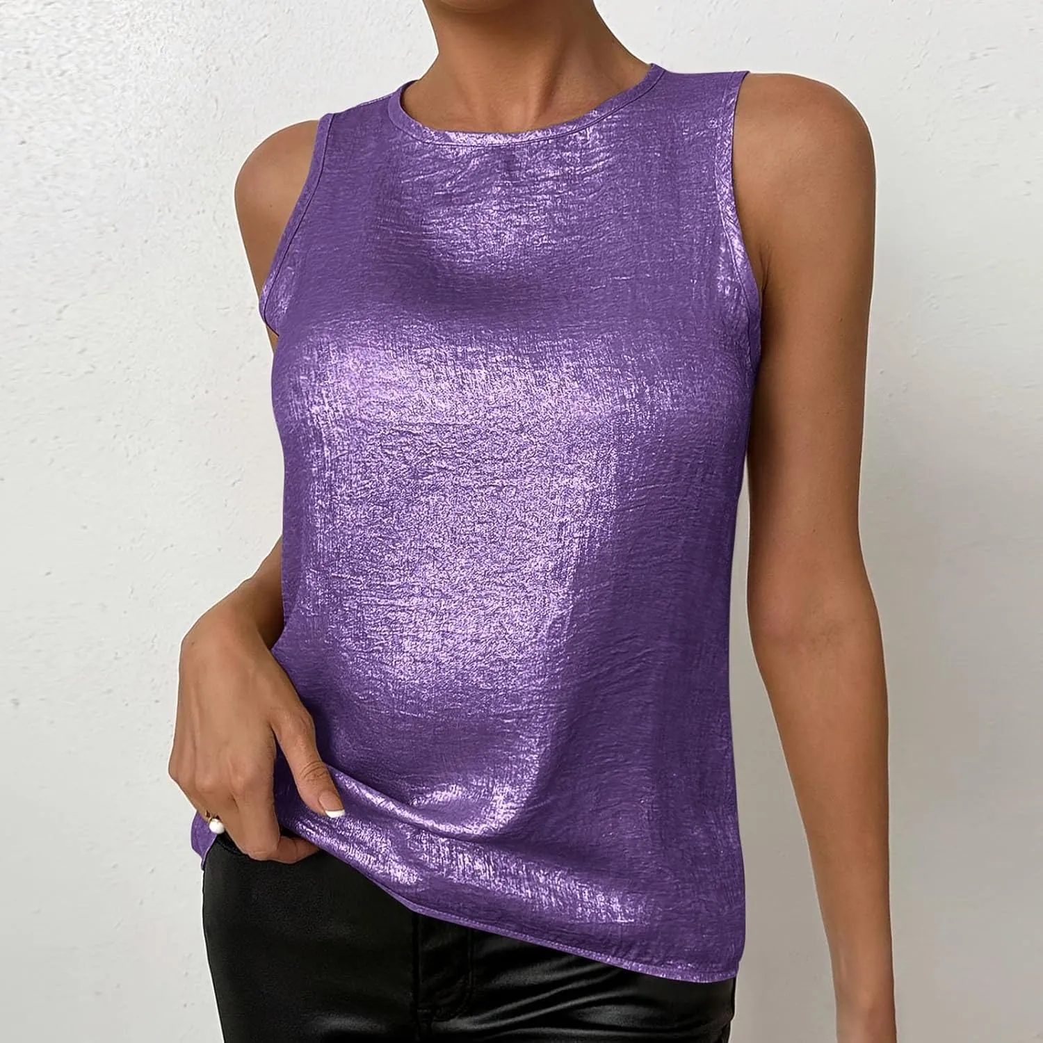 Women's Camisole Mock Neck Sleeveless Basic Cami Tops Back Keyhole Sexy Tank Shirts Loose Fit Shiny Blouses