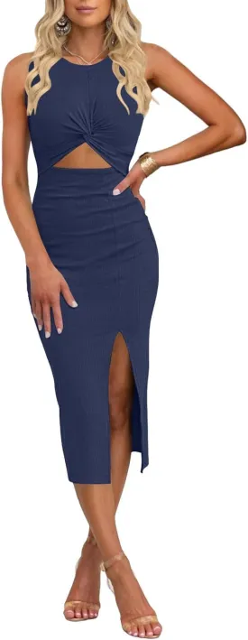 Women's Casual Sleeveless Cutout Twist Front Side Slit Ribbed Knit Party Bodycon Midi Dresses