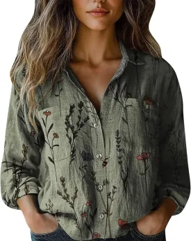 Womens Ethnic Shirts Floral Print Long Sleeve V Neck Button Down Shirt Vintage Causal Boho Blouses Gauze Tunic Tops